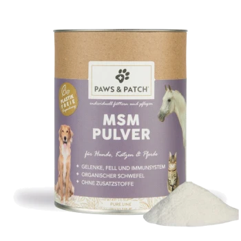 Paws & Patch Dose MSM-Pulver mit Aufschrift "für Hunde, Katzen & Pferde", Tierabbildungen und einem Haufen weißem Pulver