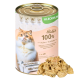 Dosenfutter für Katzen mit der Aufschrift "Balu's 100% Huhn + Truthahn" mit einem Katzenbild, mit Text über 100% natürliche Zutaten und ohne Zusatzstoffe.