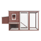 Ein hölzernes Haustierhaus mit einem schrägen Dach, mit einem kleinen Fenster, einer Rampe und einer großen Netz-Tür zur Belüftung.