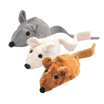 Drei plüschige Spielzeugmäuse in grau, weiß und orange, mit schwarzen Augen und Ohren, ideal für die Spielzeit mit Haustieren.