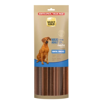 Select Gold Maxi Adult Dental Snacks für Hunde über 25 kg, mit einem braunen Hund auf der Verpackung und als "Sensitive" gekennzeichnet.