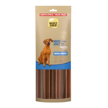 Select Gold Maxi Adult Dental Snacks for dogs over 25 kg, featuring a brown dog on the packaging and labeled as "Sensitive."