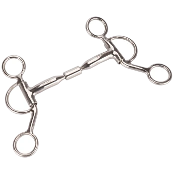 Eisenpferdegebiss aus Edelstahl mit zwei Ringen und einem zentralen Gelenk, beschriftet "12,5 cm" und "TOUNATE."