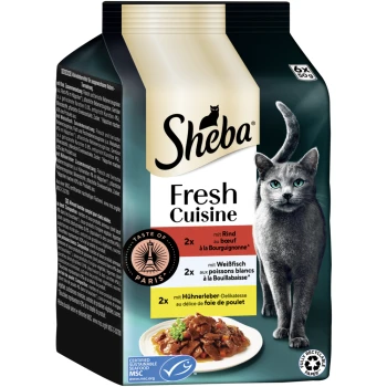 Sheba Fresh Cuisine Katzenfutterverpackung mit einer grauen Katzensilhouette, mit den Geschmacksrichtungen: Rind, Weißfisch und Hühnerleber.