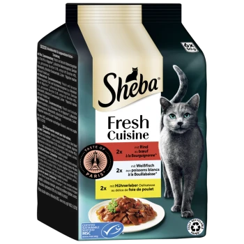 Sheba Fresh Cuisine Katzenfutterverpackung mit einer grauen Katzensilhouette, mit den Geschmacksrichtungen: Rind, Weißfisch und Hühnerleber.