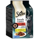 Sheba Fresh Cuisine Katzenfutterverpackung mit einer grauen Katzensilhouette, mit den Geschmacksrichtungen: Rind, Weißfisch und Hühnerleber.