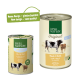 Deux boîtes de nourriture pour animaux Real Nature : "Rind & Katze" (petite) et "Original Light" (grande) avec une bulle de dialogue disant : "Nouveau design – même qualité !"