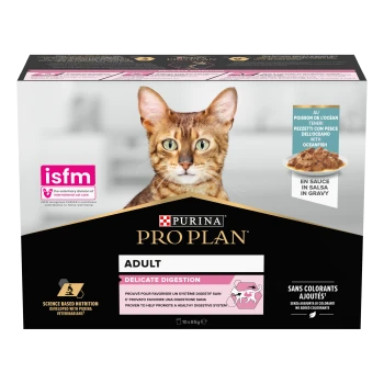 Emballage de nourriture pour chats Purina Pro Plan Adult, présentant l'étiquette 'Digestion Délicate', avec un accent rose et des affirmations sur la promotion d'une digestion saine.