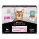 Emballage de nourriture pour chats Purina Pro Plan Adult, présentant l'étiquette 'Digestion Délicate', avec un accent rose et des affirmations sur la promotion d'une digestion saine.