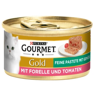 Eine Dose Purina Gourmet Gold Katzenfutter mit einer weißen Katze auf dem Etikett, mit dem Text "Feine Pasteete mit Gemüse" und "Mit Forelle und Tomaten."