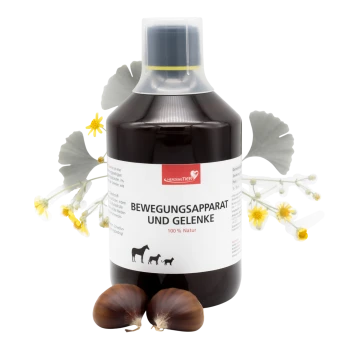 Dunkelbraune Flasche mit Haustierergänzungsmittel, beschriftet mit "Bewegungsapparat und Gelenke 100% Natur" mit Pferde- und Hundesymbolen.