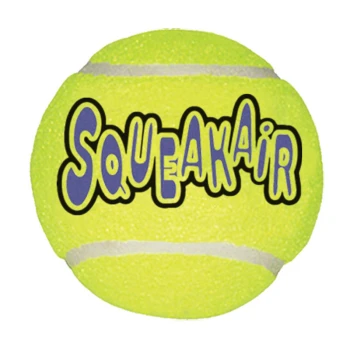 Felgele piepende hondenspeelgoed in de vorm van een tennisbal, met de tekst "SQUEAKAIR" in vet paarse letters.