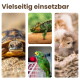 Collage-Header 'Vielseitig einsetzbar': Nahaufnahme einer Schildkröte, Chamäleon auf einem Ast, grüner Papagei auf einem Käfig, Küken in einem Korb.