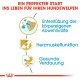 Infografik mit dem Titel "Ein perfekter Start ins Leben für Ihren Hundewelpen" zeigt Vorteile: Immununterstützung, Herzgesundheit und Verdauung.