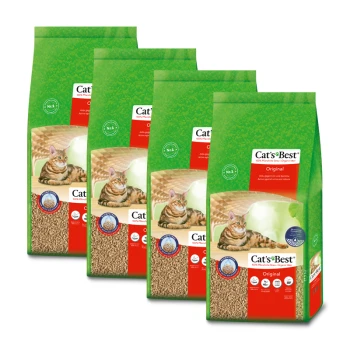 Four bags of Cat's Best Original cat litter in green packaging, featuring a tabby cat and highlighting its plant-based formula.