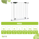 Weißes Haustiersicherheitsgitter mit dem Namen 'MIRA', das mit Größenoptionen von XS (63-71 cm) bis XXXL (103-111 cm) am unteren Rand angezeigt wird.