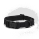 Schwarzes verstellbares Hundehalsband mit einer Kunststoffschnalle und einem Metall-D-Ring, mit einer kleinen Hundesilhouette auf der Schnalle.