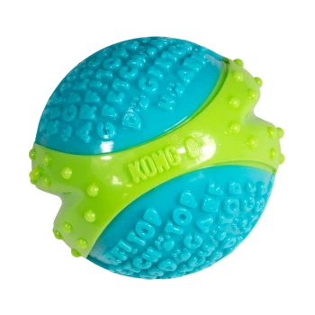 Balle jouet pour chien en caoutchouc texturé bleu et vert citron avec des protubérances en relief et le logo KONG embossé.