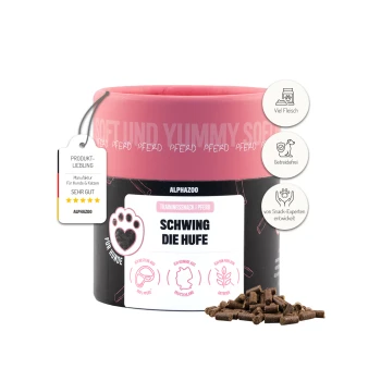 Hundetraining-Snack "Schwing die Hufe" in einem pinken Pfotenabdruckbehälter, gekennzeichnet mit hohem Fleischanteil und getreidefrei, von Experten hergestellt.
