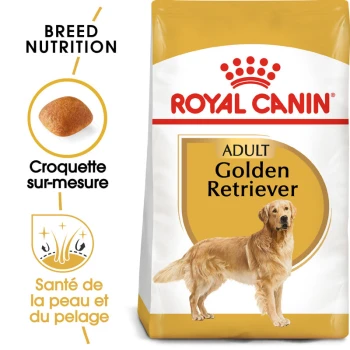 Sac de nourriture pour chien Royal Canin Adult Golden Retriever, avec une illustration de golden retriever, mettant en avant la nutrition de la race et la santé de la peau.