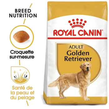 Sac de nourriture pour chien Royal Canin Adult Golden Retriever, avec une illustration de golden retriever, mettant en avant la nutrition de la race et la santé de la peau.