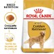 Sac de nourriture pour chien Royal Canin Adult Golden Retriever, avec une illustration de golden retriever, mettant en avant la nutrition de la race et la santé de la peau.