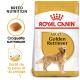 Sac de nourriture pour chien Royal Canin Adult Golden Retriever, avec une illustration de golden retriever, mettant en avant la nutrition de la race et la santé de la peau.