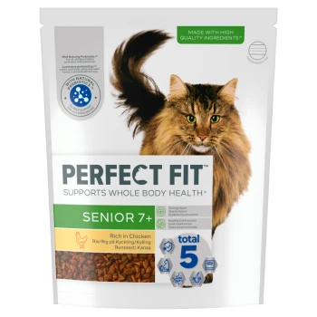 Perfect Fit Senior 7+ cat food bag with a brown long-haired cat, rich in chicken, supports whole body health.