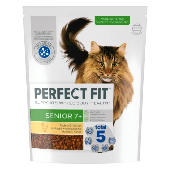 Perfect Fit Senior 7+ cat food bag with a brown long-haired cat, rich in chicken, supports whole body health.