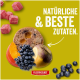 Futterzutaten: Fleischwürfel, Laib, Kürbis, Wurzelgemüse und Blaubeeren; Text 'NATÜRLICHE & BESTE ZUTATEN.' FLEISCHESLUST.