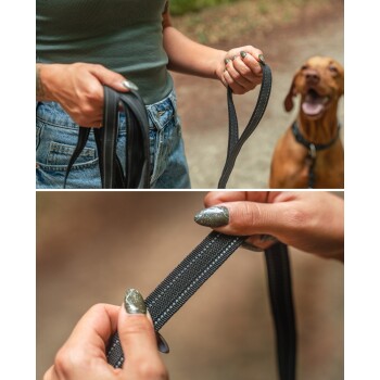 Eine Person in einem grünen Tanktop hält zwei schwarze Hundeleinen, neben ihnen steht ein glücklicher brauner Hund, der die Textur der Leinen zeigt.