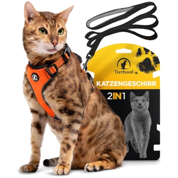 Eine Bengal-Katze trägt ein oranges Geschirr und sitzt neben einer Verpackung, die mit 'Tierhood 2IN1 KATZENGESCHIRR' und einem Katzenbild beschriftet ist.