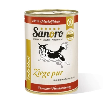 Dose Sanoro Hundefutter mit einer Illustration eines springenden Hundes, beschriftet mit "Ziege pur" und einem Text, der angibt, dass es aus 100 % Muskelfleisch besteht.