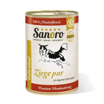 Dose Sanoro Hundefutter mit einer Illustration eines springenden Hundes, beschriftet mit "Ziege pur" und einem Text, der angibt, dass es aus 100 % Muskelfleisch besteht.