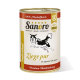 Dose Sanoro Hundefutter mit einer Illustration eines springenden Hundes, beschriftet mit "Ziege pur" und einem Text, der angibt, dass es aus 100 % Muskelfleisch besteht.