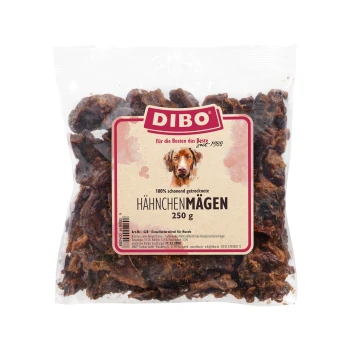 DIBO getrocknete Hühnermägen für Hunde, 250g Packung, mit einem beigen Etikett mit roten Akzenten und deutschem Text.