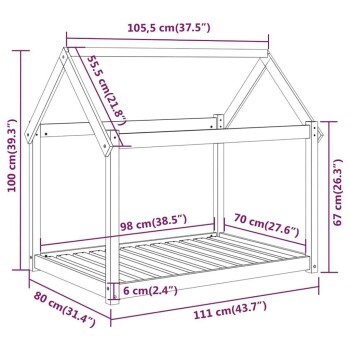 Illustration eines Haustierhauses mit in Zentimetern und Zoll beschrifteten Abmessungen, das ein dreieckiges Dach und einen lamellenförmigen Boden aufweist.
