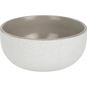 Un bol en céramique pour animaux de compagnie avec un extérieur blanc moucheté et un intérieur gris lisse, mettant en valeur un design moderne.