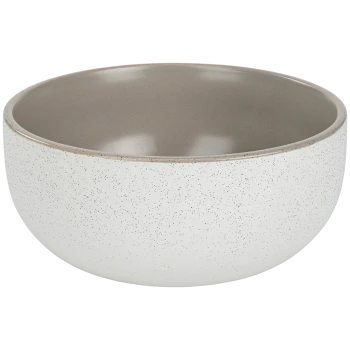 Eine keramische Haustierfutterschüssel mit einer gesprenkelten weißen Außenseite und einem glatten grauen Inneren, die ein modernes Design zeigt.