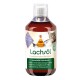 Flasche mit Lachsöl für Katzen, beschriftet mit "Lachsöl" und einem Katzenbild, das essentielle Fettsäuren und Vorteile für Haut und Immunsystem hervorhebt.