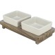 Keramische Futter- und Wasserschalen für Haustiere in quadratischer Form, auf einem Holzständer, mit zwei Fächern.