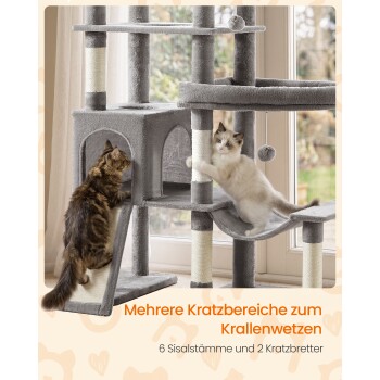 Grauer Kratzbaum mit zwei Katzen; deutscher Text: „Mehrere Kratzbereiche zum Krallenwetzen“ sowie „6 Sisalstämme und 2 Kratzbretter“.