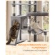 Grauer Kratzbaum mit zwei Katzen; deutscher Text: „Mehrere Kratzbereiche zum Krallenwetzen“ sowie „6 Sisalstämme und 2 Kratzbretter“.