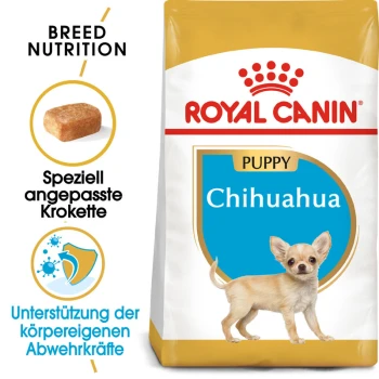 Chihuahua Puppy 1.5 kg Royal Canin Chihuahua Welpenfutterbeutel mit einem kleinen Chihuahua-Welpen, mit Text, der die Ernährungsbedürfnisse der Rasse und die Unterstützung des Immunsystems hervorhebt.