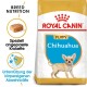 Royal Canin Chihuahua Welpenfutterbeutel mit einem kleinen Chihuahua-Welpen, mit Text, der die Ernährungsbedürfnisse der Rasse und die Unterstützung des Immunsystems hervorhebt.