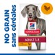 Sac de nourriture pour chiens Hill's Science Plan avec un chien gris, étiqueté 'SANS CEREALES' et 'ADULTE 1-5' avec du poulet.
