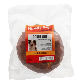 Miracle Dog Snacks Donut Ente Hundeleckerli mit Rind und Ente, verpackt in klarem Plastik mit Etikett und Hundeabbildung.