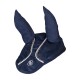 Navy-blaues Pferdefliegengitter mit dekorativem Netz und perlenartigem Besatz, mit spitzen Ohren und einem Logo an der Seite.
