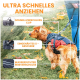 Ein Hund in einem stylischen Geschirr steht auf Gras mit Herbstblättern, hebt die Eigenschaften hervor: Schnellverschlussclip, eingenähtes X-Geschirr, wasserdichter Reißverschluss.