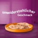 Karma dla zwierząt na pomarańczowym talerzu z napisem "unwiderstehlicher Geschmack" na fioletowym tle.